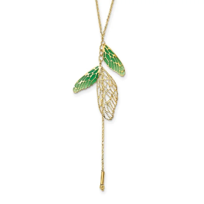 women high-quality necklaces -Curata 14k Yellow Gold Polished Green Enamel Butterfly Wings Y drop Necklace, 18"