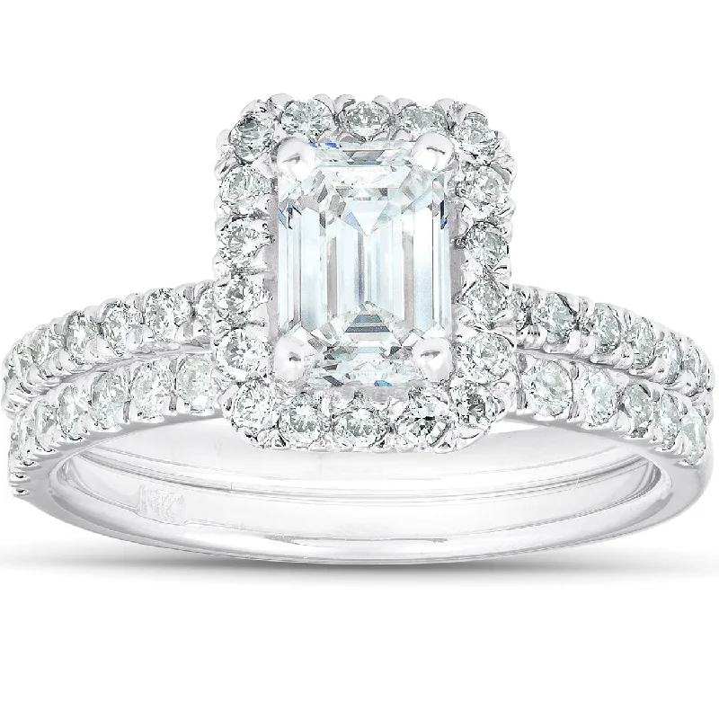 women modern solitaire engagement rings -1 3/4 Ct Emerald Cut Diamond Halo Engagement Wedding Ring Set 14k White Gold