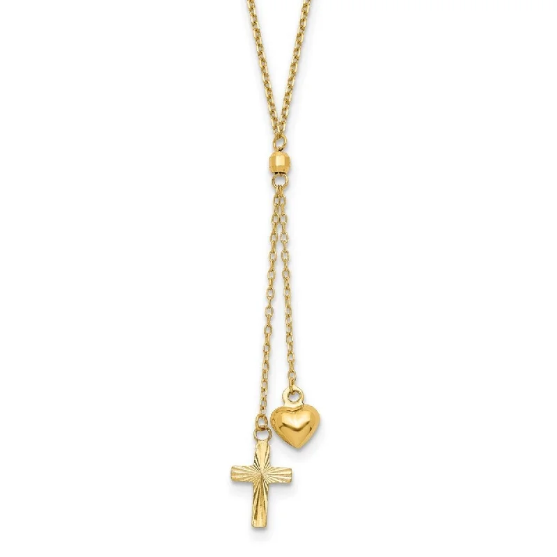 women turquoise necklaces -Curata 14k Yellow Gold Puffed Heart and Diamond Cut Religious Cross Graduated Necklace, 16+2"