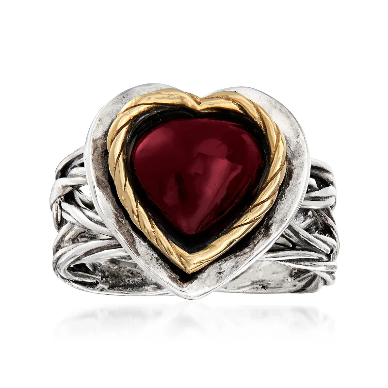 women eco-friendly engagement rings -Ross-Simons Garnet Heart Ring in Sterling Silver and 14kt Yellow Gold