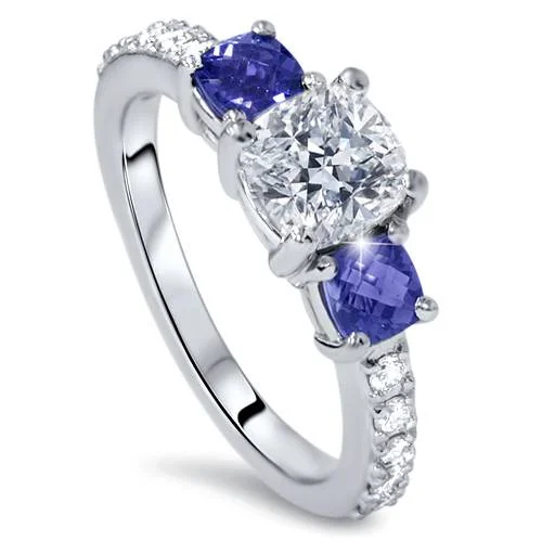 women trendy engagement rings -3.25ct Cushion Diamond & Treated Blue Sapphire Engagement Ring 14k Enhanced