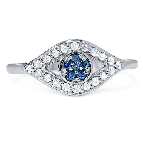 women personalized engagement rings -1/3ct Blue & White Diamond Evil Eye Ring 14K White Gold