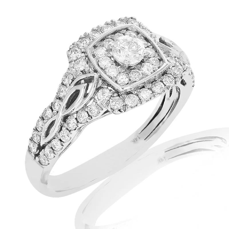 women sparkling engagement rings -3/4 cttw Diamond Engagement Ring 14K White Gold Halo Composite Prong Set