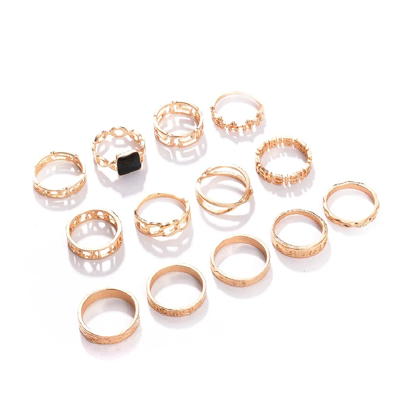 women heart-cut engagement rings -Pack Of 13 Gold Plated Designer Stone Ring