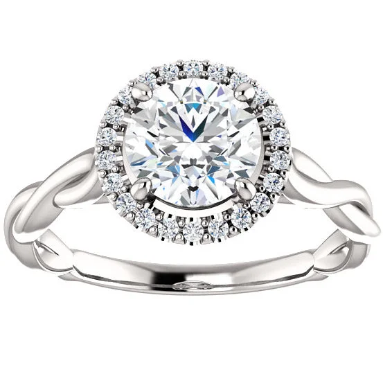 women modern engagement rings -1ct Diamond Halo Vintage Solitaire Round Cut Intertwined Band 14k White Gold