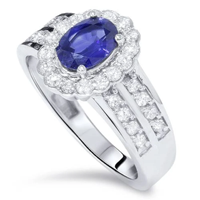 women modern engagement rings -1 1/2ct Oval Sapphire Diamond Halo Ring 14K White Gold