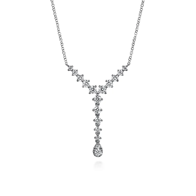 women romantic necklaces -14K White Gold Graduating Diamond Y Necklace