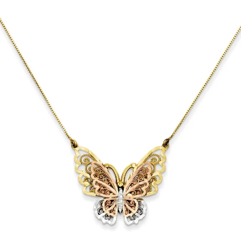 women vintage necklaces -Curata 14k Tri-color Gold Diamond Cut Rhodium 23mm x 26mm Butterfly Necklace, 18"