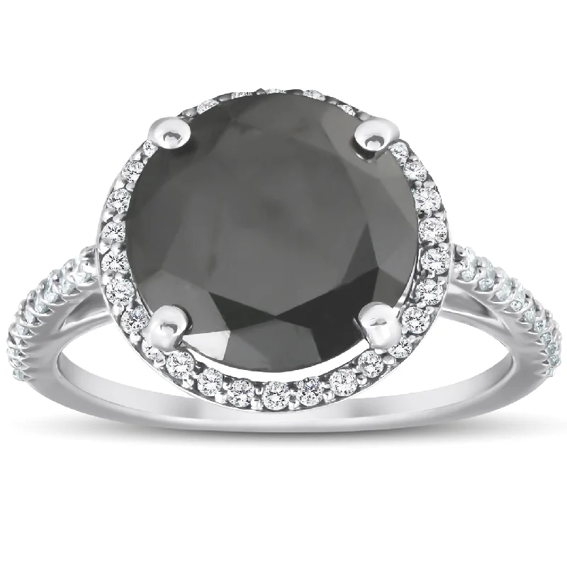 women custom engagement rings -3 1/3 Ct Black Diamond Halo Engagement Ring 14k White Gold