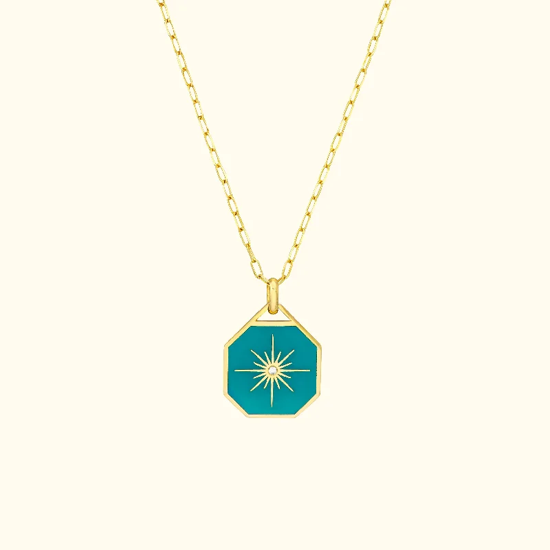 women timeless necklaces -Teal Enamel Star Octagon Medallion Necklace