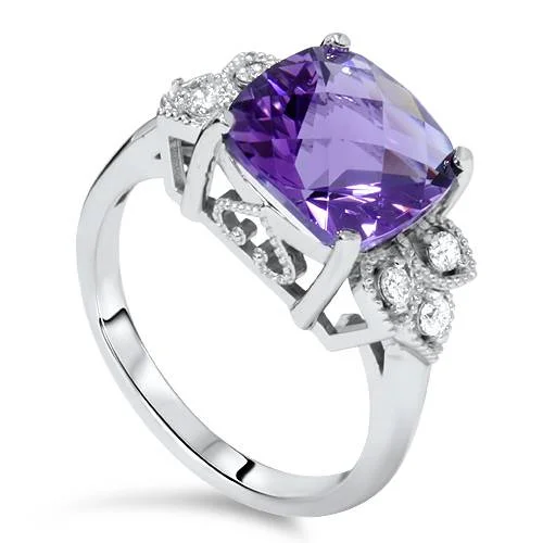 women luxurious engagement rings -4 1/4ct Cushion Amethyst Vintage Diamond Ring 14K White Gold