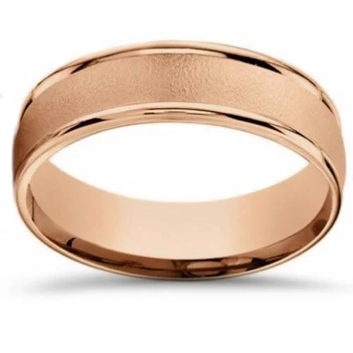 women diamond solitaire wedding rings -6mm Brushed Round Polished Edge 14k Rose Gold Wedding Band