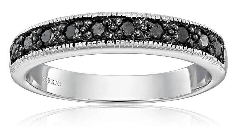 women luxury diamond rings -1/4 cttw Black Diamond Ring Wedding Band with Milgrain in .925 Sterling Silver