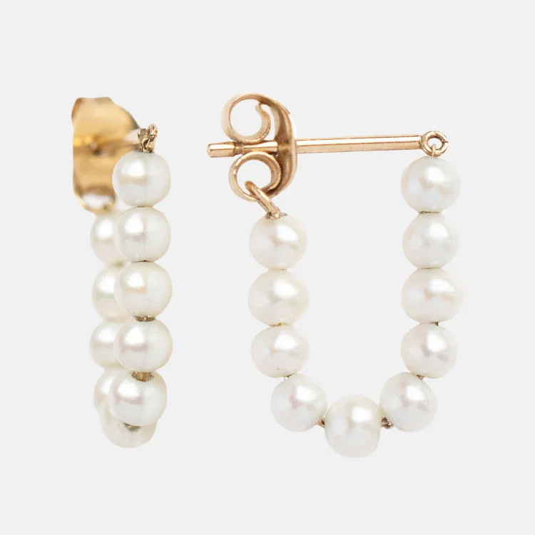 women clip-on earrings -Solid Gold Pearl Strand Hoops