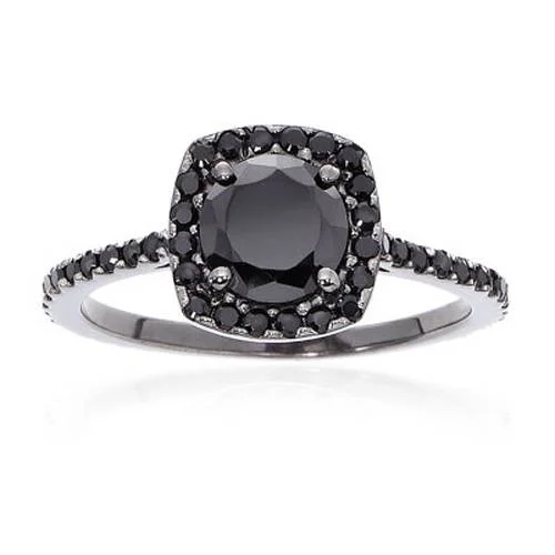 women forever engagement rings -1 1/2ct Black Diamond Cushion Halo Ring 14K Black Gold