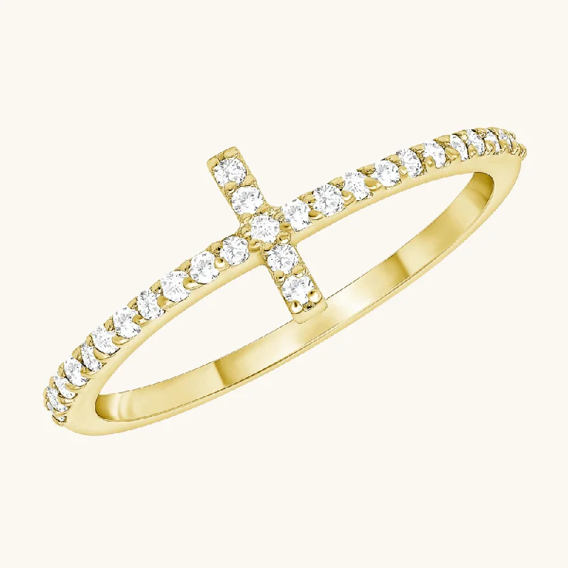 women diamond rings -Thin Diamond Cross Ring