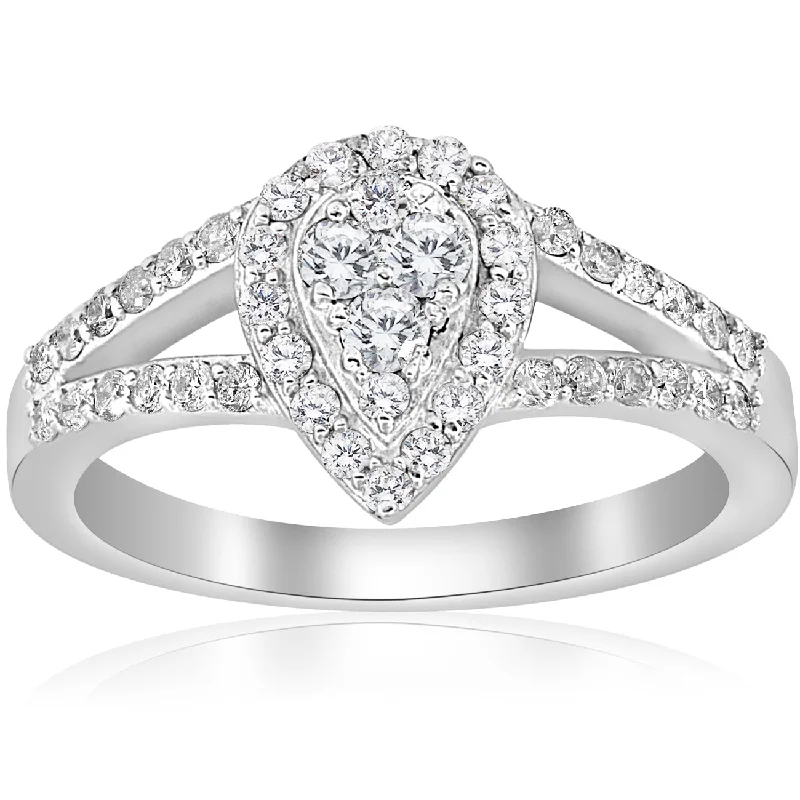 women trendy engagement rings -1/2ct Pear Shape Diamond Halo Cluster Engagement Ring 10K White Gold