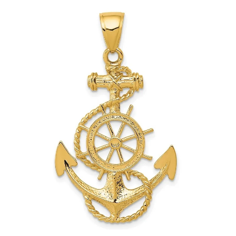 women gold bar necklaces -Curata 14k Yellow Gold 18" Large Anchor with Wheel Pendant Necklace - 42.5x34.6mm