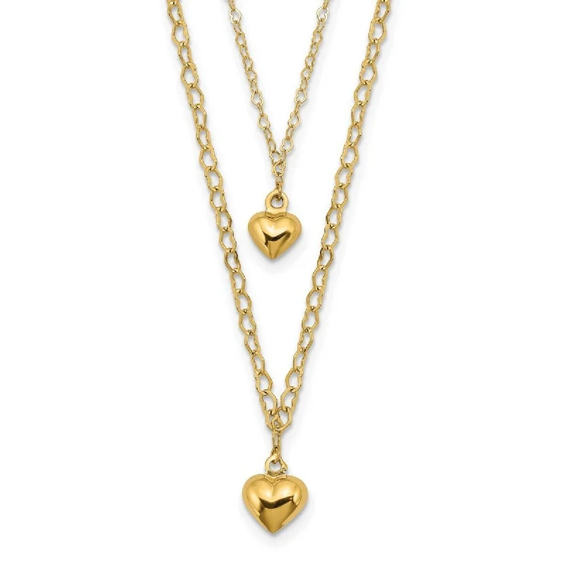 women affordable necklaces -Curata 14k Yellow Gold Double Strand Puffed Polished Hearts Necklace, 16+2"