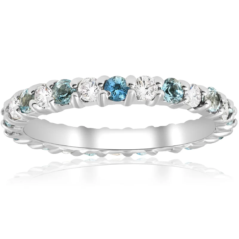 women solitaire engagement rings -1ct Diamond & Aquamarine Eternity Ring Common Prong 14k White Gold Stackable