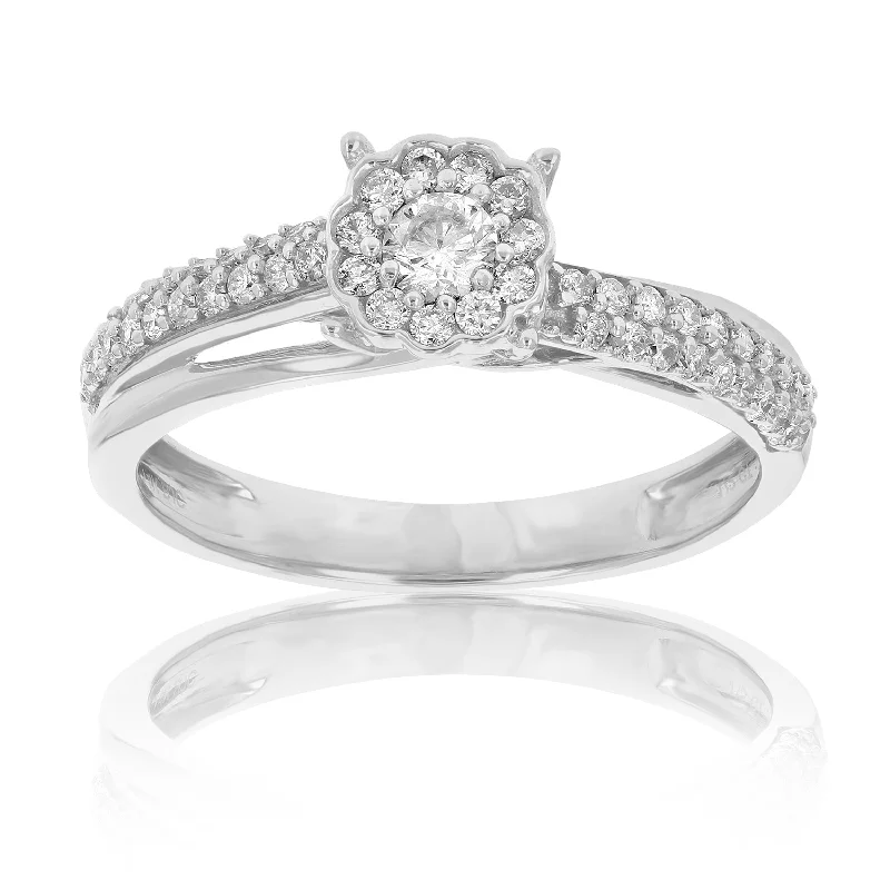 women classic princess-cut engagement rings -1/2 cttw Diamond Engagement Ring 14K White Gold Cluster Composite Bridal Wedding