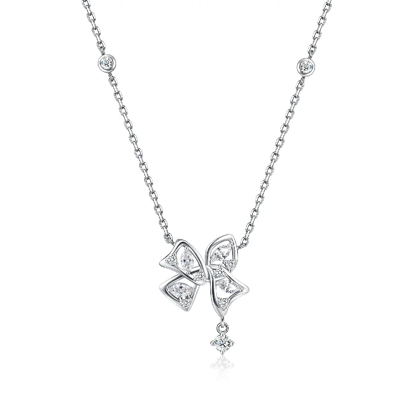 women nature-inspired necklaces -FANCIME “Blooming Bow“ Butterfly Floral Bow Sterling Silver Necklace