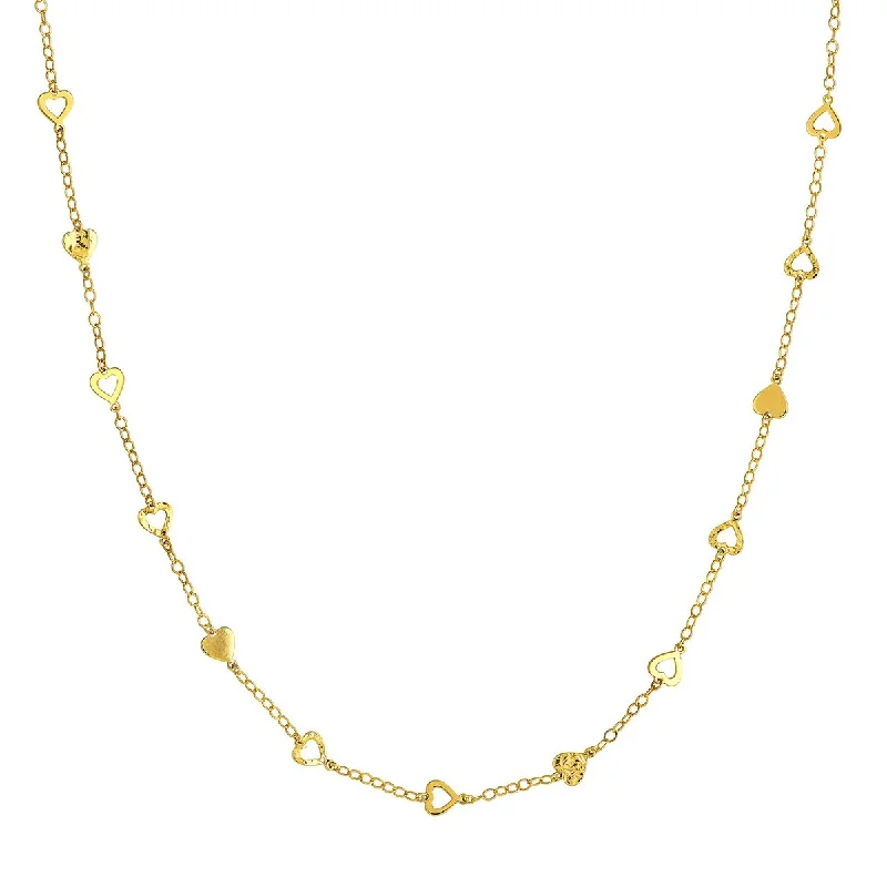 women boho necklaces -Marquee Jewels 14K Solid Yellow Gold Mixed Hearts Station Curb Chain Necklace