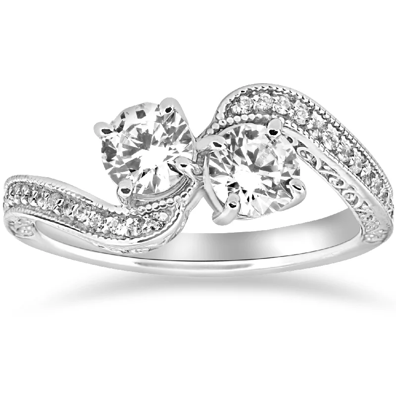 women three-stone engagement rings -1 ct Two Stone Forever Us Vintage Diamond Engagement Ring 14k White Gold