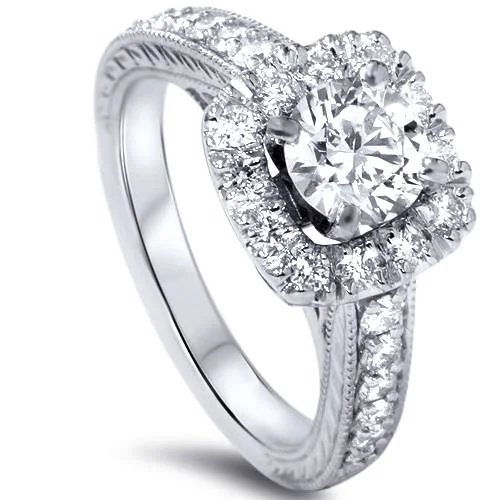 women solitaire engagement rings -1 1/2ct Cushion Diamond Vintage Halo Engagement Ring 14K White Gold