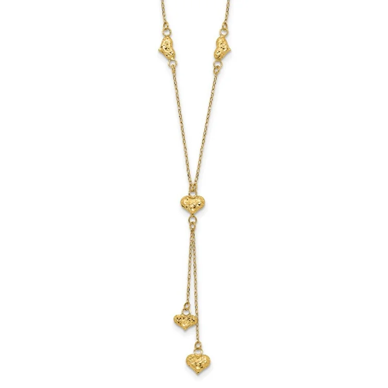 women geometric necklaces -Curata 14k Yellow Gold DoublePuffed Heart Y Lariat Necklace, 16"