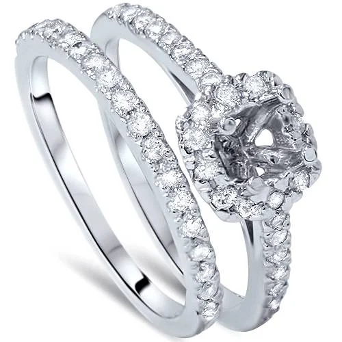 women luxury diamond rings -3/4ct Cushion Halo Engagement Ring Setting & Band 14K White Gold