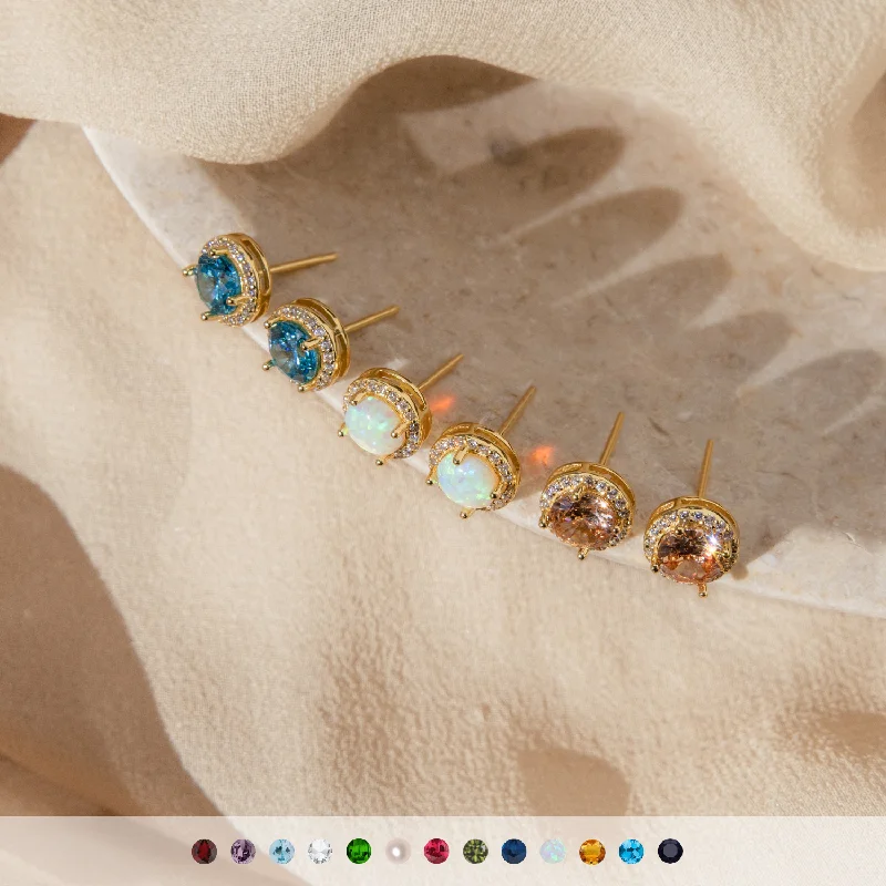 women stud earrings for women -Halo Birthstone Studs