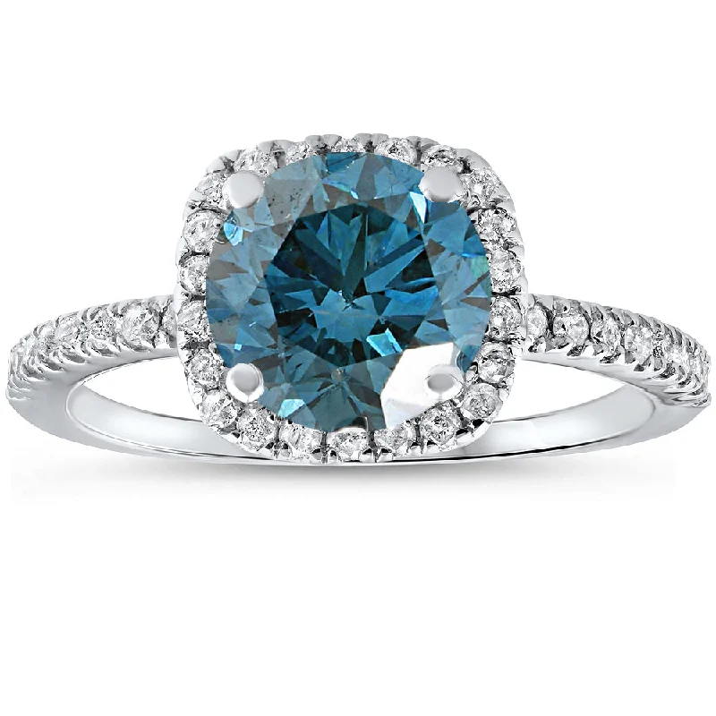 women simple gold engagement rings -1 3/4 ct Blue Diamond Cushion Halo Engagement Ring 14k White Gold