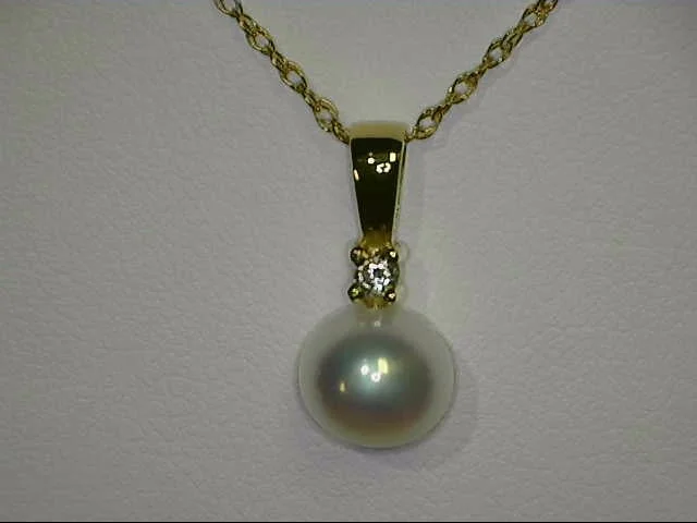 women gemstone necklaces -14K Yellow Gold Pearl and Diamond Pendant Necklace