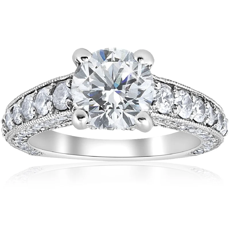 women sapphire engagement rings -3 3/4 ct Round Diamond Heirloom Engagement Ring 14k White Gold