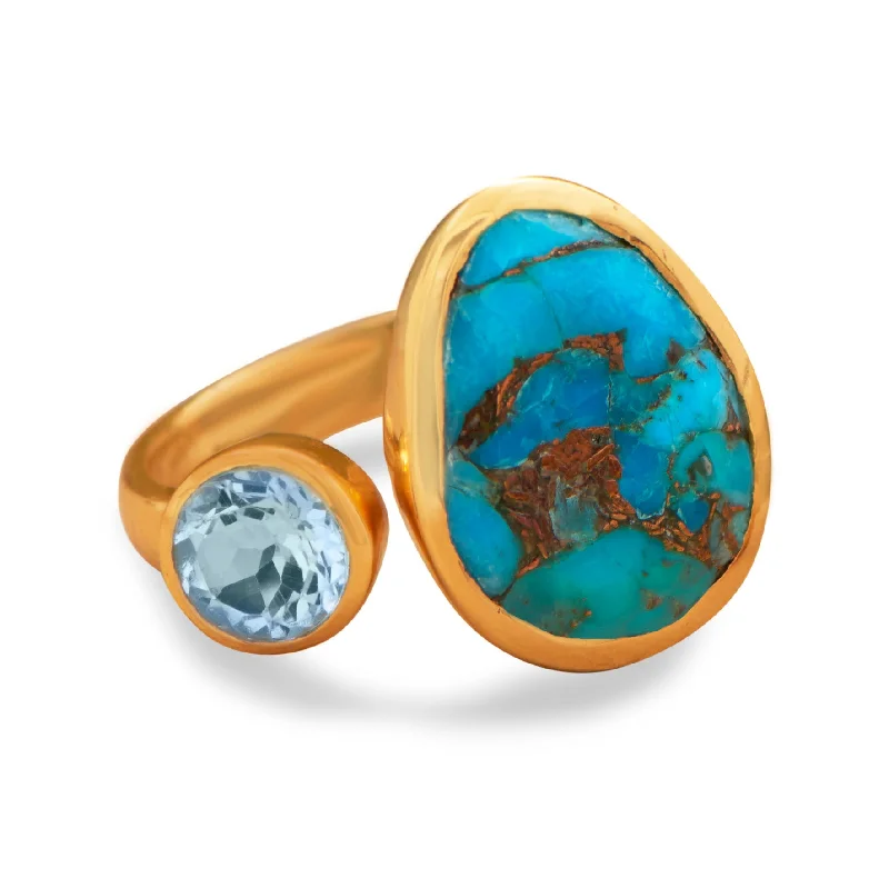 women silver engagement rings -18k Gold Plated Blue Topaz & Turquoise Ring