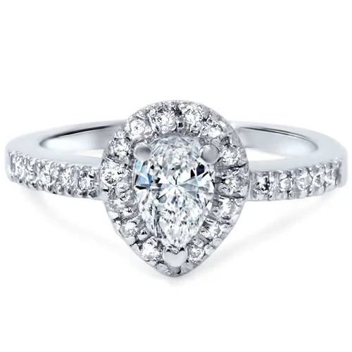 women eternity engagement rings -1/2ct Pear Shape Halo Diamond Engagement Ring 14K White Gold