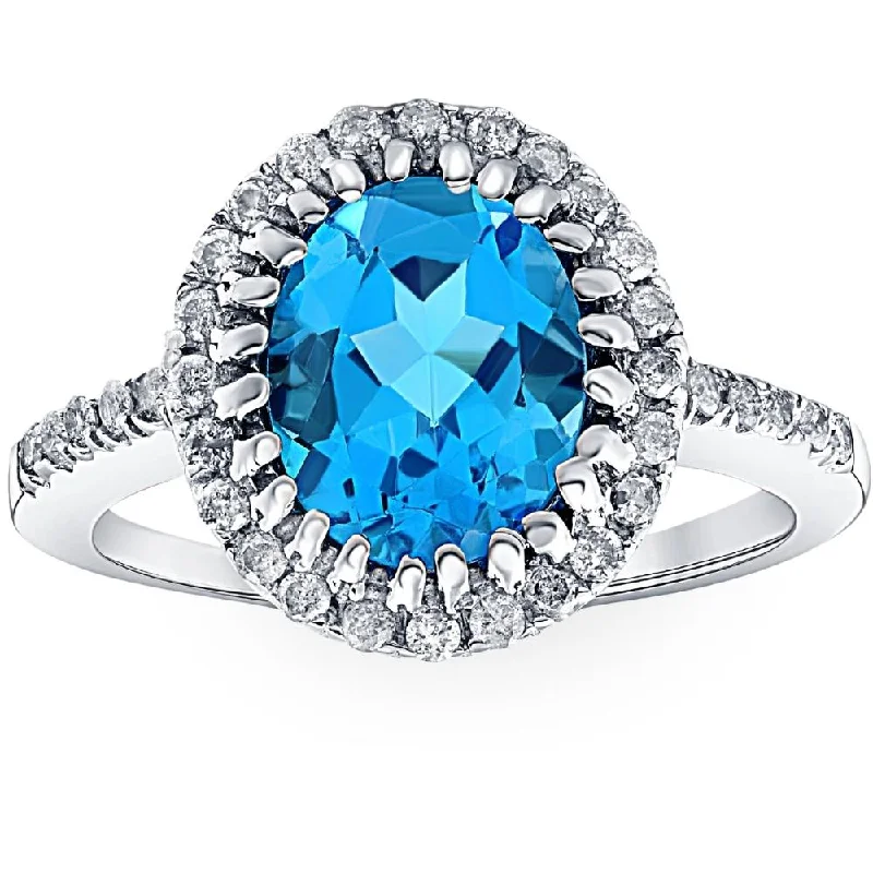 women cushion-cut engagement rings -4 3/4 Ct Oval Blue Topaz Diamomnd Halo Ring 14k White Gold