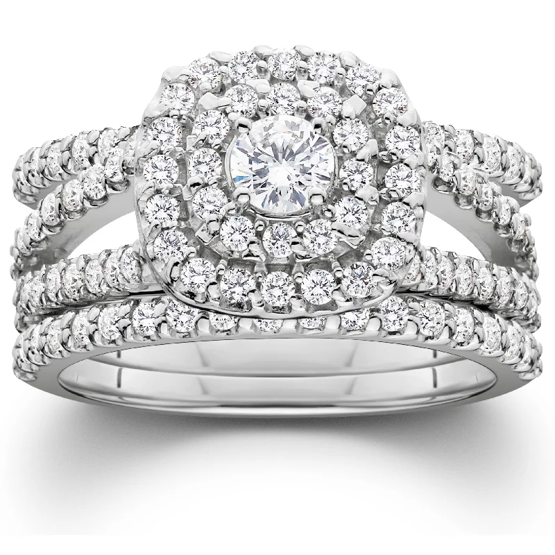 women sparkling engagement rings -1 1/4ct Diamond Engagement Cushion Halo Wedding Ring Trio Set 10K White Gold