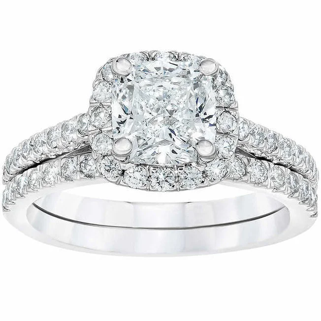 women high-quality engagement rings -2.25 cttw Cushion Halo Diamond Engagement Wedding Ring Set 14k White Gold