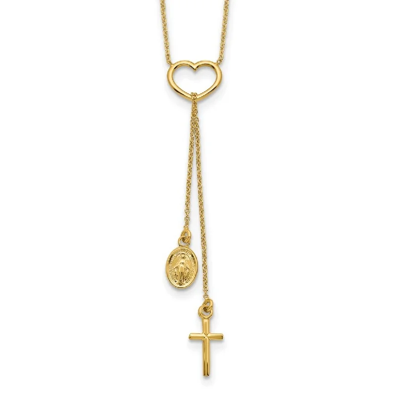 women ruby necklaces -Curata 14k Yellow Gold Polished Heart With Dangle Cross and Religious Medal Necklace, 17"