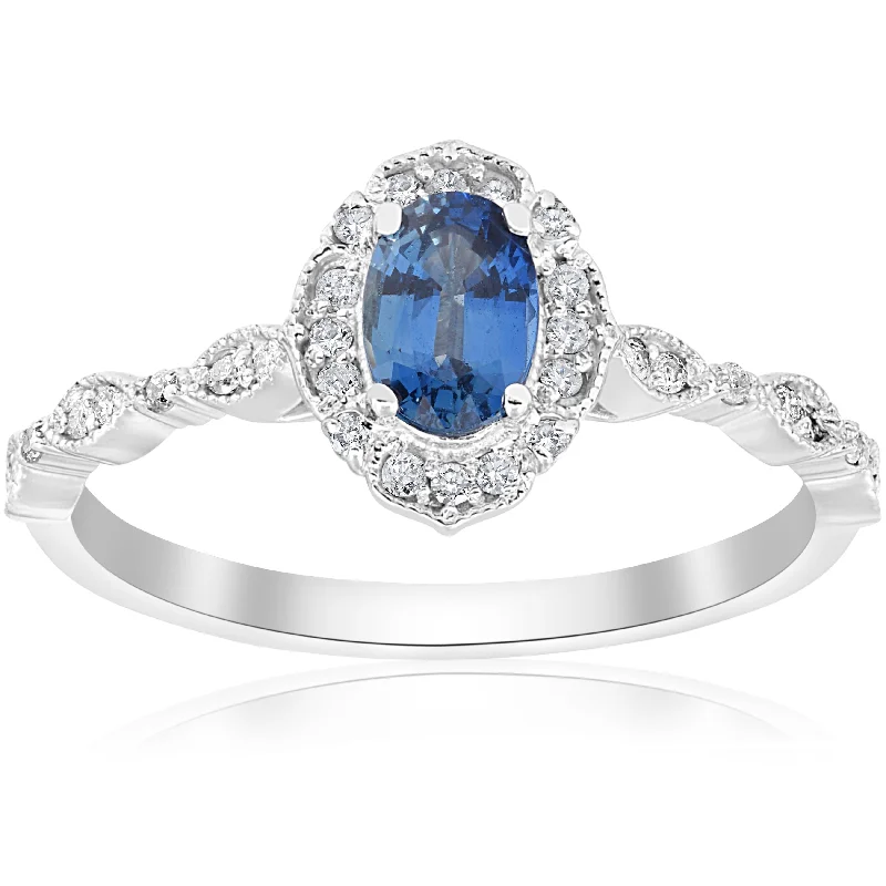 women sparkling engagement rings -3/4ct Oval Blue Sapphire Diamond Halo Vintage Engagement Ring 14K White Gold