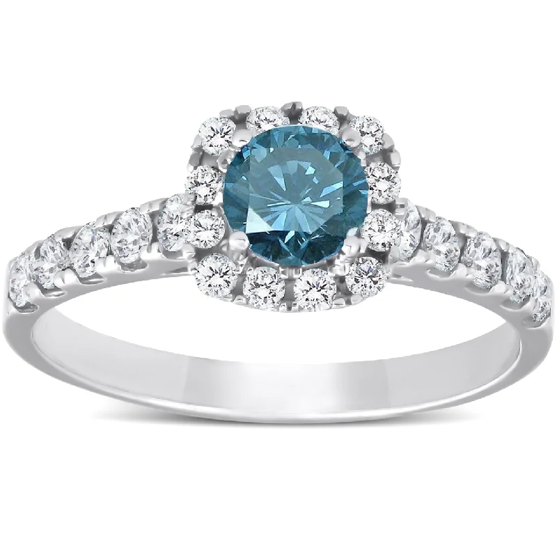 women personalized wedding rings -1 Ct Blue Diamond Cushion Halo Engagement Ring 14k White Gold