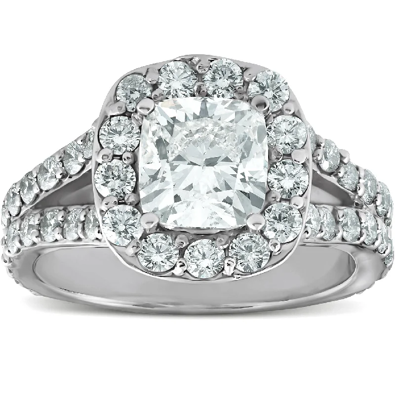 women engagement rings -3 Ct Cushion Diamond Engagement Halo Split Shank Ring 14k White Gold