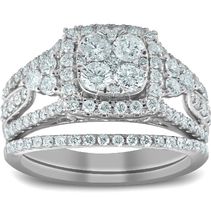 women platinum engagement rings -1 1/2 Ct Cushion Halo Round Diamond Engagement Wedding Ring Set 10k White Gold