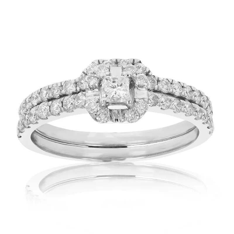 women birthstone engagement rings -3/4 cttw Diamond Wedding Engagement Ring Set 14K White Gold Princess Bridal