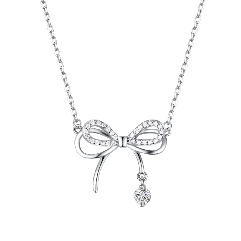 women wedding day necklaces -FANCIME “Dream Bow“ Butterfly Bow Sterling Silver Necklace