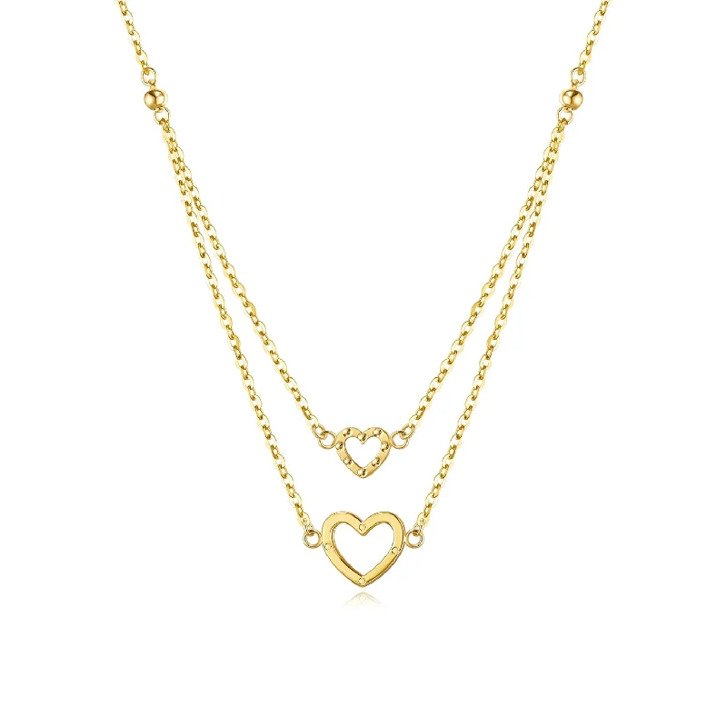 women personalized necklaces -FANCIME "Double Love" Two Layers Heart 14K Solid Yellow Gold Necklace