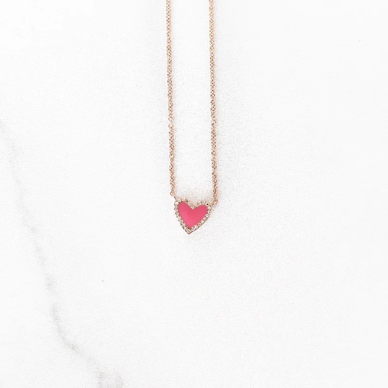 women vintage pendant necklaces -Pink Enamel Diamond Heart Necklace | 14-Karat