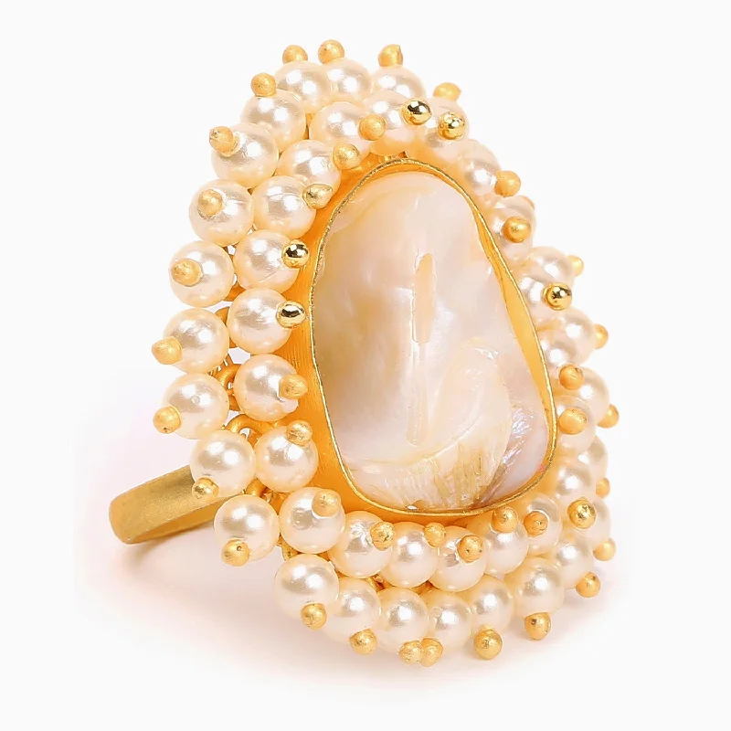 women floral engagement rings -Gold-toned White Pearl Beaded Jadau Finger Ring